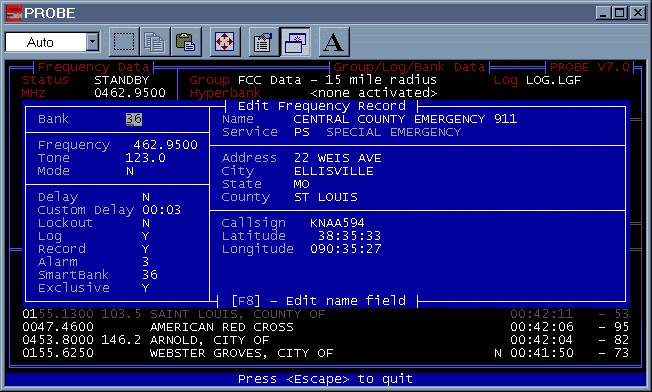 Full screen editing of frequency data from scanning screen